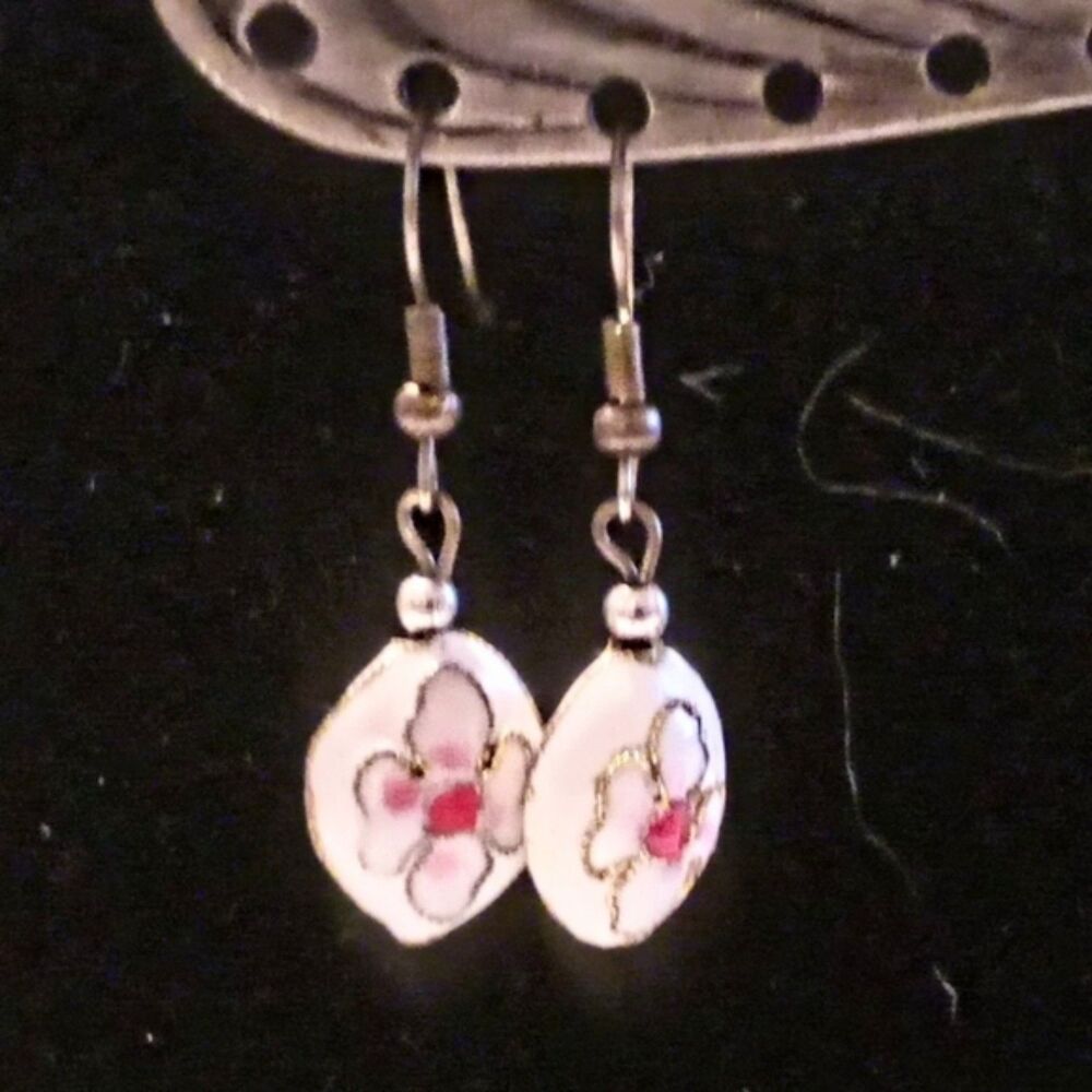 Vintage White Floral Cloisonne Drop Earrings